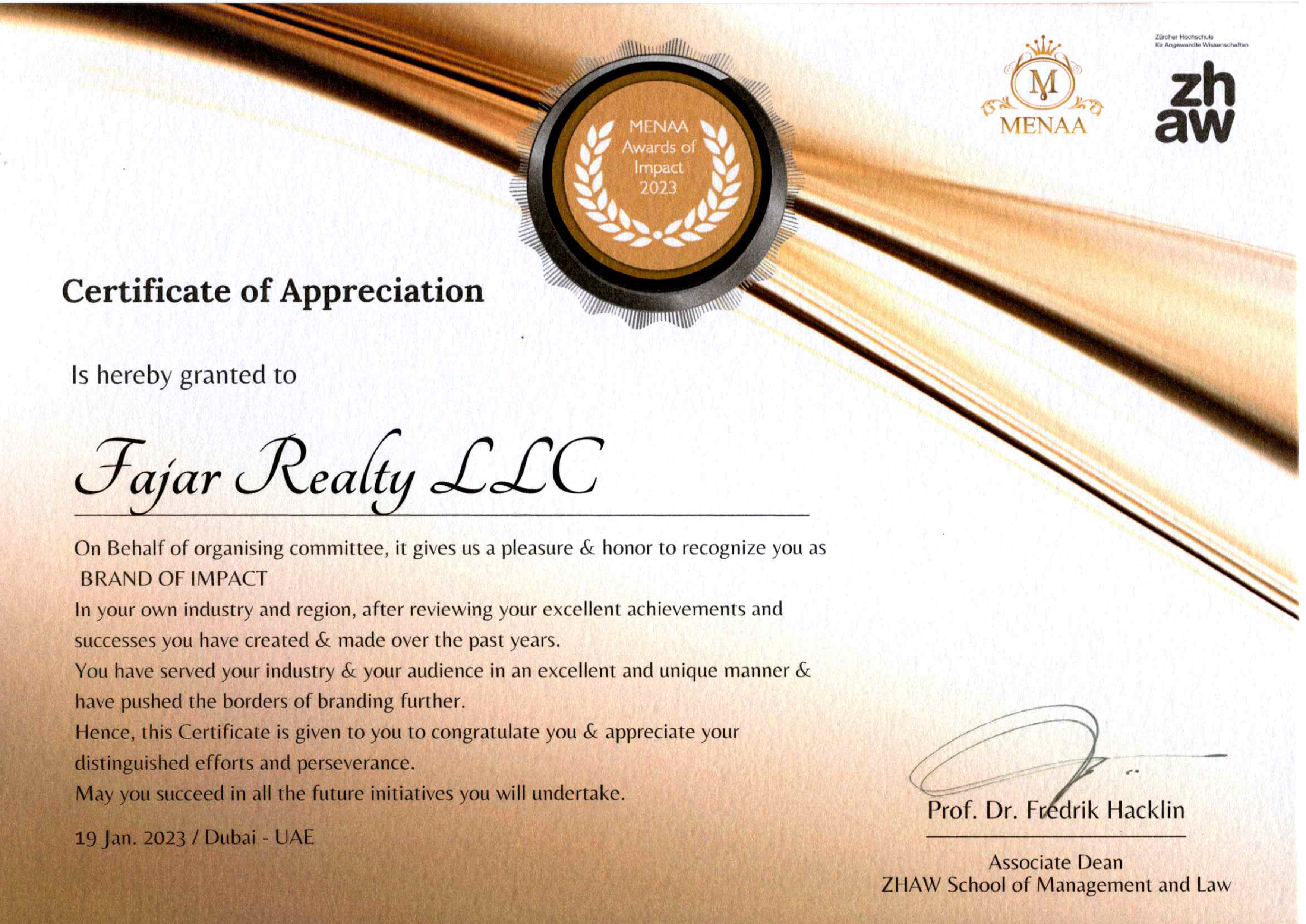 Certificate of Appreciation Menaa Awards of Impact 2023 Fajar Realty LLC