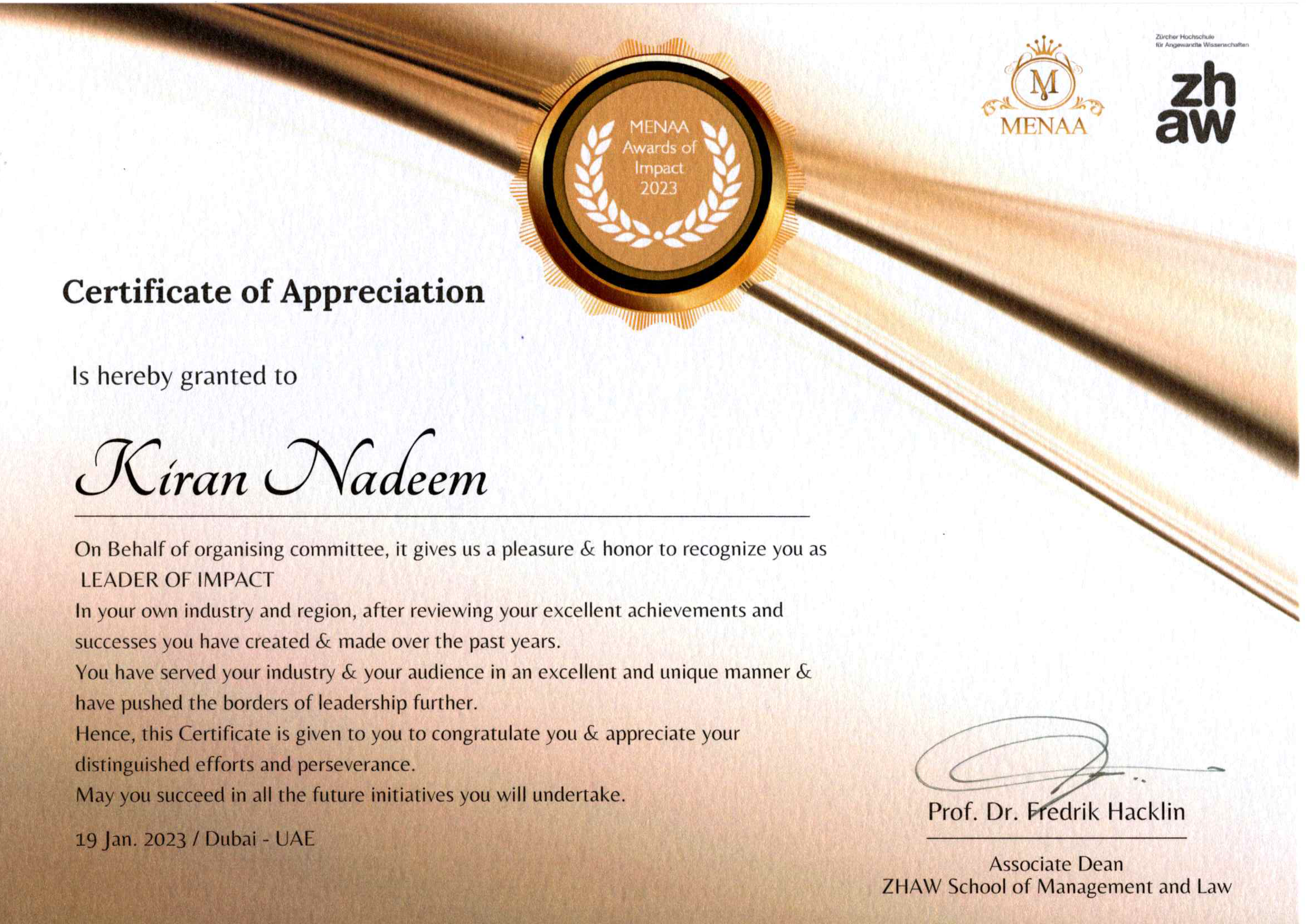 Certificate of Appreciation Menaa Awards of Impact 2023 Kiran Nadeem Khwaja