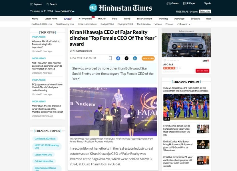 Hindustan Times Features Ms. Kiran Khawaja, CEO of Fajar Realty, on Her